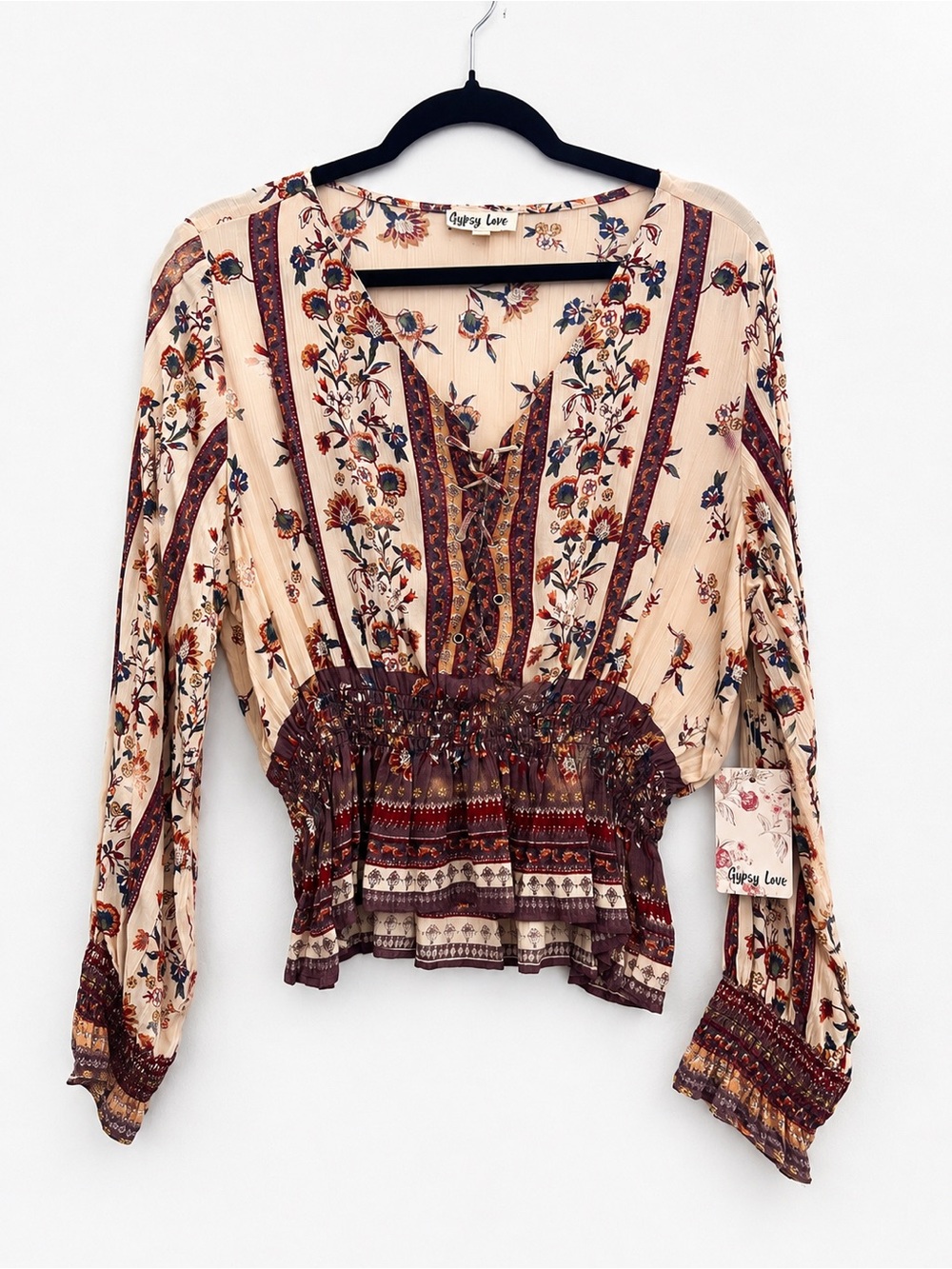 Gypsy Love Boho Floral Lace-Up Peplum Blouse – Size L NWT